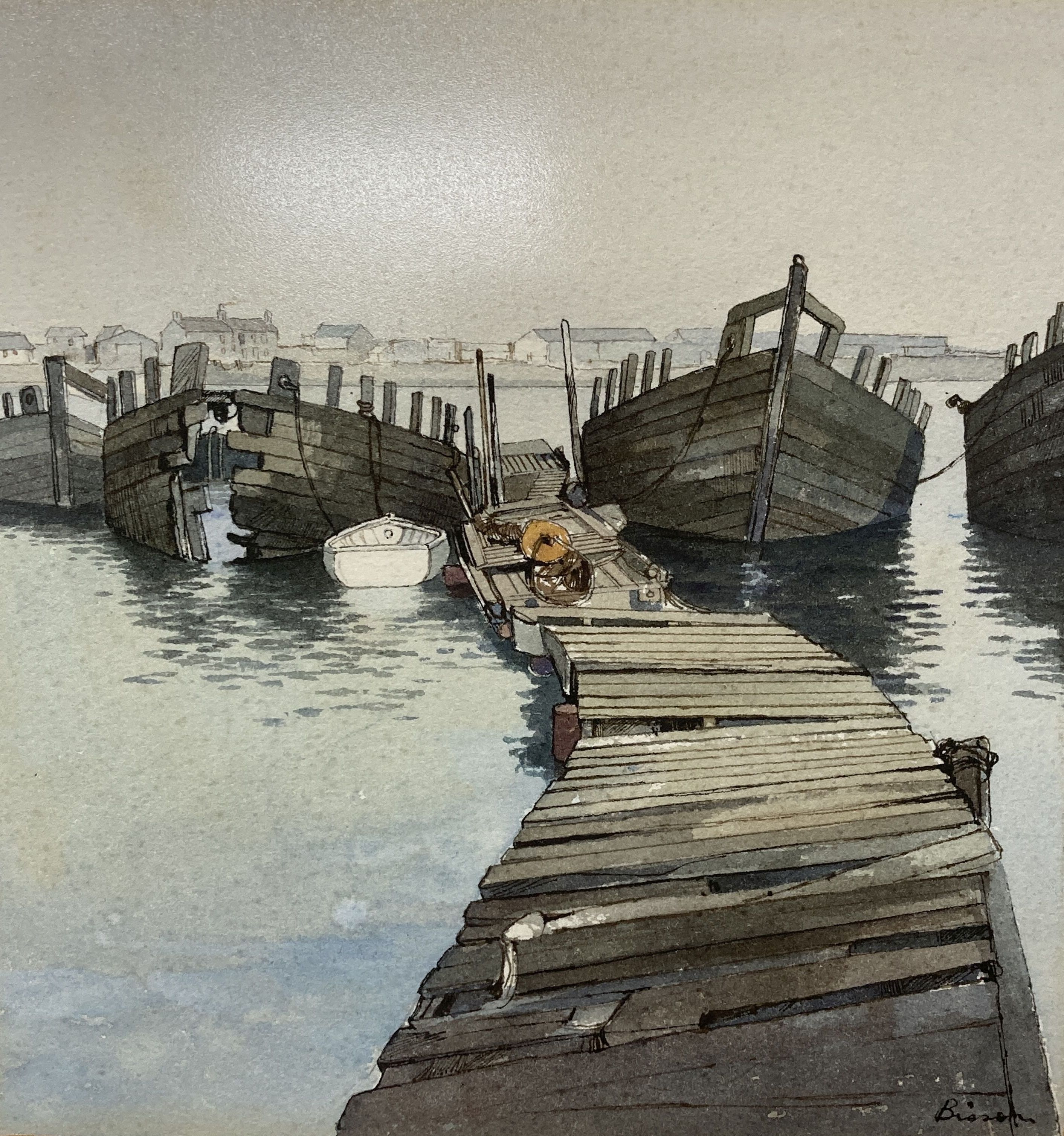 Paul Bisson (b.1938), ink and watercolour, Hulks in harbour, signed, 21.5 x 21cm